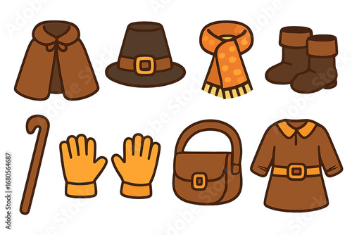 Pilgrim Clothing Icons. Flat vector mini-illustrations pilgrim clothing in colors children's illustrations: cloak, hat, scarf,