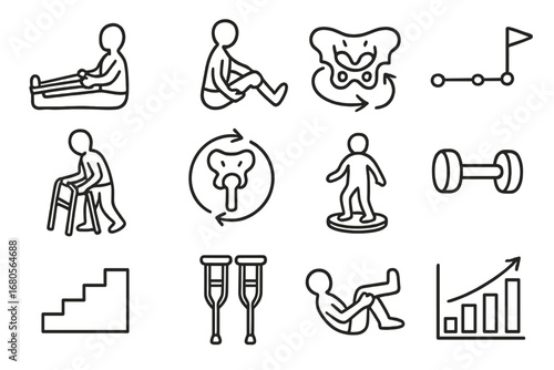 Hip Rehab Icons. Hand-drawn doodle illustration hip rehabilitation resistance band, seated stretch, physiotherapy pose, range of