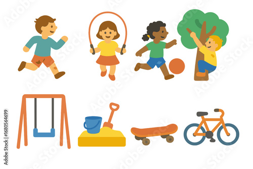 Playful Childhood Icons. Flat vector mini-illustrations torn clothes and playtime in colors children's illustrations: running