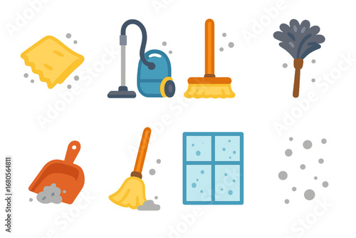 Household Cleaning Icons. Flat vector mini-illustrations household dust in colors children's illustrations: dust rag, vacuum