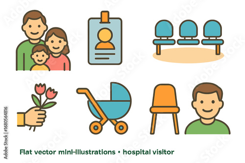 Hospital Visitors Icons. Flat vector mini-illustrations hospital visitors in colors children's illustrations: family member,