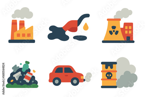 Pollution and Power Icons. Flat vector mini-illustrations pollution sources in colors children's illustrations: factory smoke