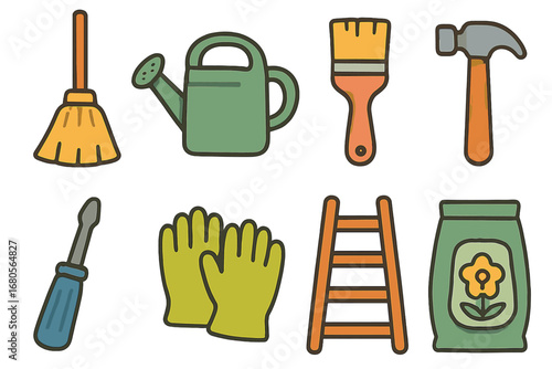 Porch Tools Icons. Flat vector mini-illustrations porch tools and maintenance in colors children's illustrations: broom, watering