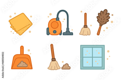 Household Cleaning Icons. Flat vector mini-illustrations household dust in colors children's illustrations: dust rag, vacuum