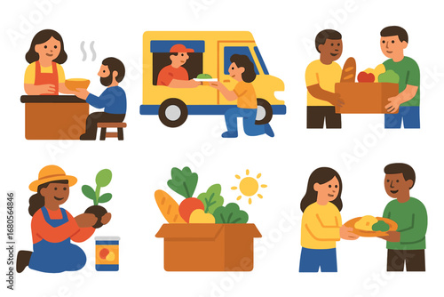 Hunger Relief Icons. Flat vector mini-illustrations hunger relief efforts in colors children's illustrations: soup kitchen, food
