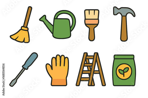 Porch Tools Icons. Flat vector mini-illustrations porch tools and maintenance in colors children's illustrations: broom, watering
