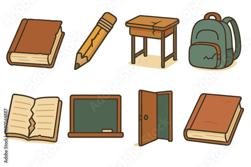 Poverty and Education Icons. Flat vector mini-illustrations poverty and education in colors children's illustrations: old book,