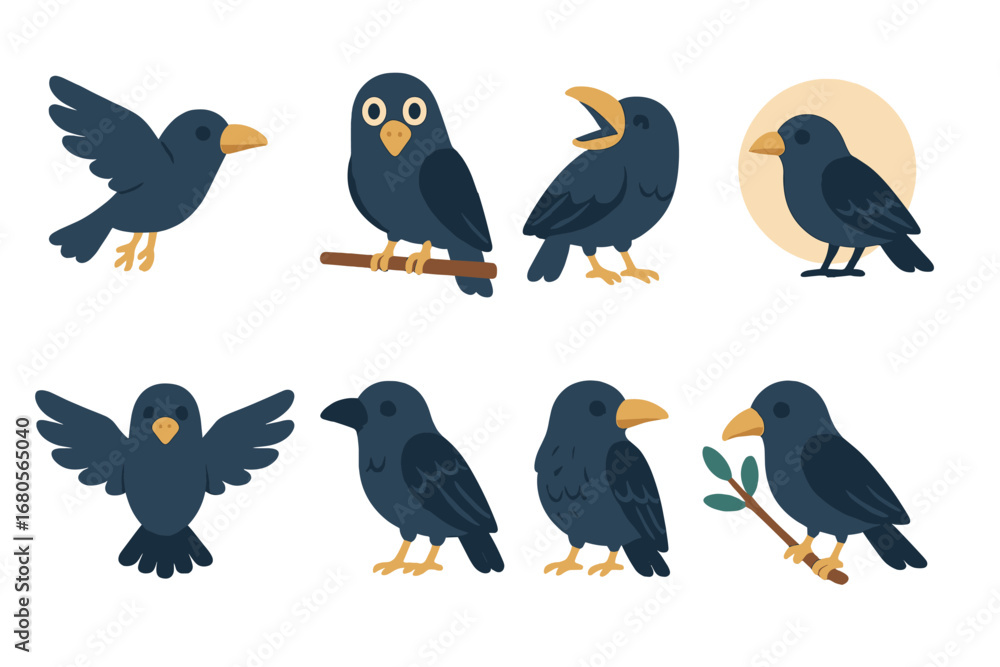 Fototapeta premium Raven Mini-Illustrations Grid. Flat vector mini-illustrations raven in colors children's illustrations: raven flying, raven
