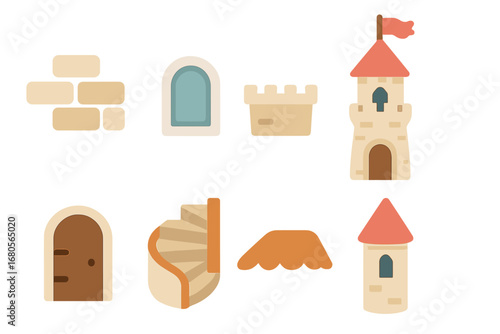 Ivory Tower Icons. Flat vector mini-illustrations ivory tower and architecture in colors children's illustrations: stone bricks,