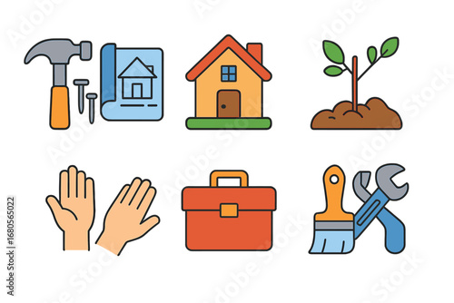 Rebuilding Safety Icons. Flat vector mini-illustrations rebuilding after loss of home in colors children's illustrations: