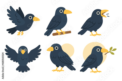 Raven Mini-Illustrations Grid. Flat vector mini-illustrations raven in colors children's illustrations: raven flying, raven
