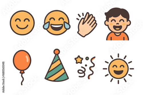 Joyful Children's Icons. Flat vector mini-illustrations laughter in colors children's illustrations: smiling faces, tears of joy,