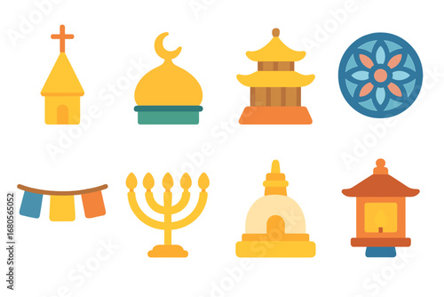 Religious Icons for Kids. Flat vector mini-illustrations religious monuments in colors children's illustrations: church spire,