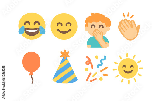Joyful Children's Icons. Flat vector mini-illustrations laughter in colors children's illustrations: smiling faces, tears of joy,