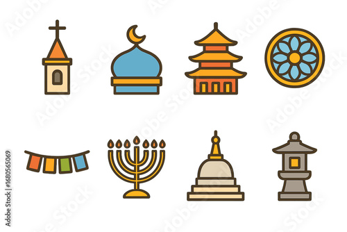 Religious Icons for Kids. Flat vector mini-illustrations religious monuments in colors children's illustrations: church spire,