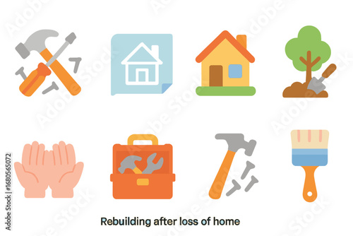 Rebuilding Safety Icons. Flat vector mini-illustrations rebuilding after loss of home in colors children's illustrations:
