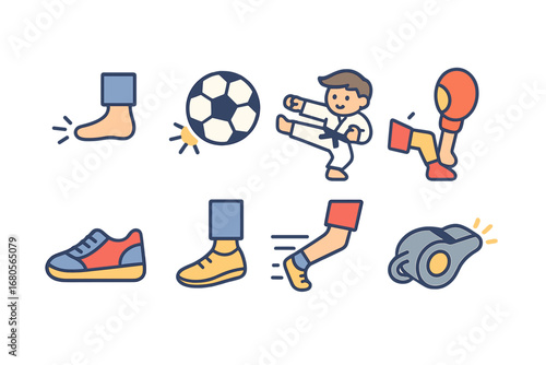 Kick Action Icons. Flat vector mini-illustrations kick actions in colors children's illustrations: kicking foot, soccer ball,