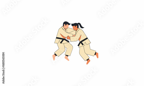 Two judoka in white judogi with black belts grappling, practicing martial arts throw, dynamic illustration.