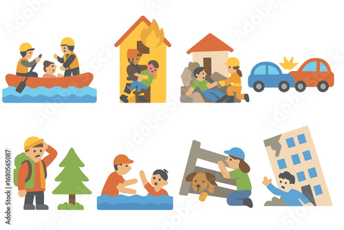 Rescue Scenarios Icons. Flat vector mini-illustrations rescue scenarios in colors children's illustrations: flood rescue, fire