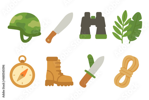 Jungle Combat Icons. Flat vector mini-illustrations jungle combat in colors children's illustrations: camo helmet, machete,