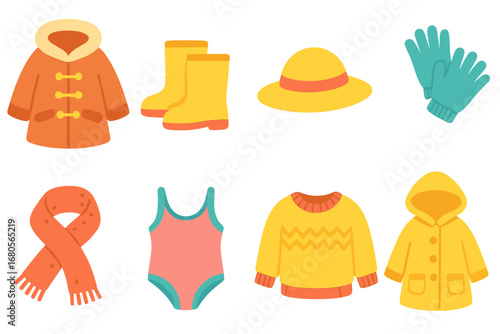 Seasonal Children's Attire. Flat vector mini-illustrations seasonal clothes in colors children's illustrations: winter coat, rain