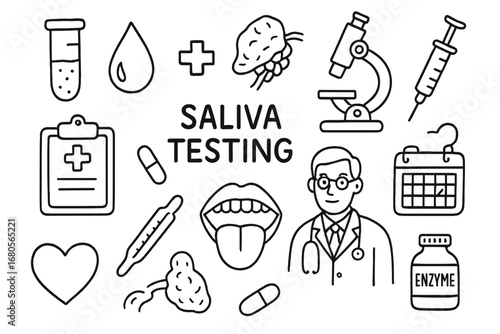 Saliva Test Doodle. Hand-drawn doodle illustration salivary glands saliva testing test tube, saliva droplet, salivary glands,