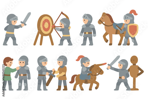 Knight Training Icons. Flat vector mini-illustrations knight training in colors children's illustrations: sword practice, archery