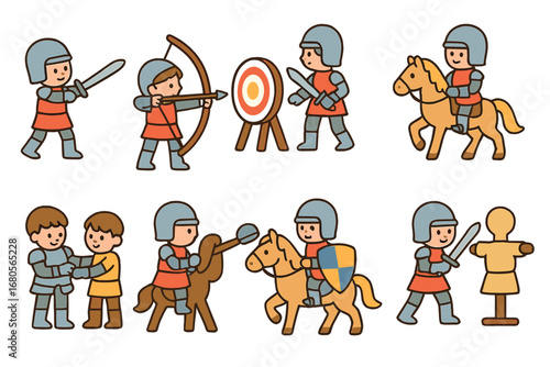 Knight Training Icons. Flat vector mini-illustrations knight training in colors children's illustrations: sword practice, archery