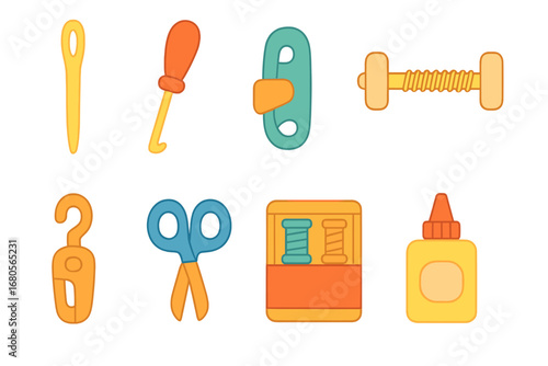 Lace Fixing Tools. Flat vector mini-illustrations lace fixing tools in colors children's illustrations: shoelace needle, lace hook