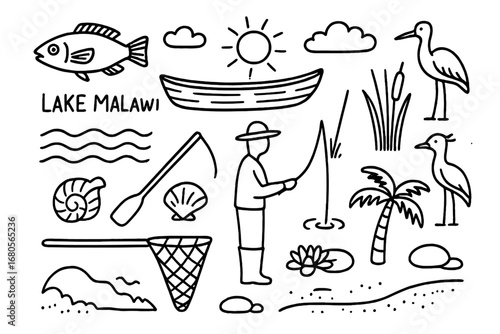 Lake Malawi Icons. Hand-drawn doodle illustration Lake Malawi fish, canoe, water waves, fisherman, lake bird, reeds, boat paddle,