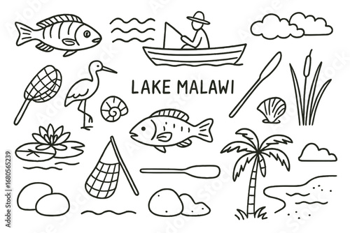 Lake Malawi Icons. Hand-drawn doodle illustration Lake Malawi fish, canoe, water waves, fisherman, lake bird, reeds, boat paddle,
