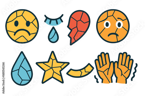 Shattered Emotions Icons. Flat vector mini-illustrations shattered glass emotions in colors children's illustrations: sad face,