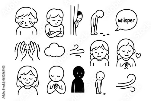 Shy Doodle Illustration. Hand-drawn doodle illustration shyness and hesitation blushing face, crossed arms, looking down, hiding