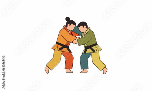 Two Martial Artists Grappling in Traditional Gi Uniforms.