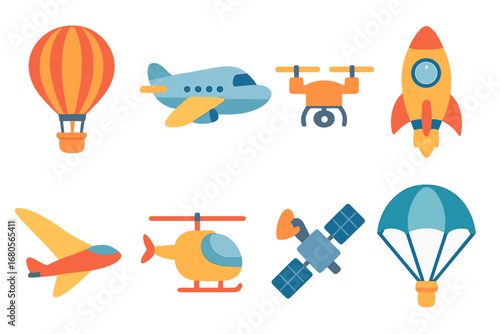 Sky Adventure Icons. Flat vector mini-illustrations sky navigation in colors children's illustrations: hot air balloon, airplane,