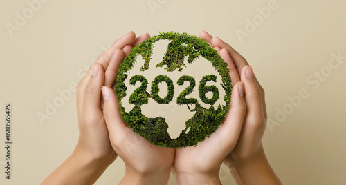 Two hands support a vibrant green globe featuring the year 2026. Symbolizing hope for a sustainable future and environmental stewardship.