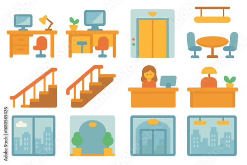Skyscraper Interiors Icons. Flat vector mini-illustrations skyscraper interiors in colors children's illustrations: office desks,