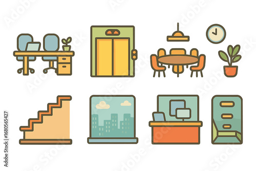Skyscraper Interiors Icons. Flat vector mini-illustrations skyscraper interiors in colors children's illustrations: office desks,