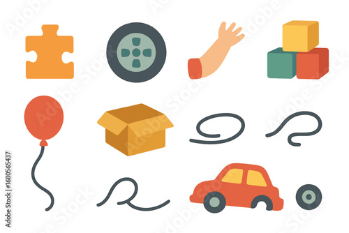 Loose Toy Icons. Flat vector mini-illustrations loose toys in colors children's illustrations: loose puzzle piece, detached wheel,