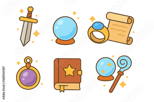 Magical Artifacts Icons. Flat vector mini-illustrations magical artifacts in colors children's illustrations: enchanted sword,