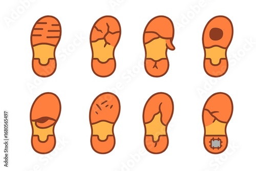 Sole Damage Illustrations. Flat vector mini-illustrations sole damage in colors children's illustrations: worn sole, cracked sole,