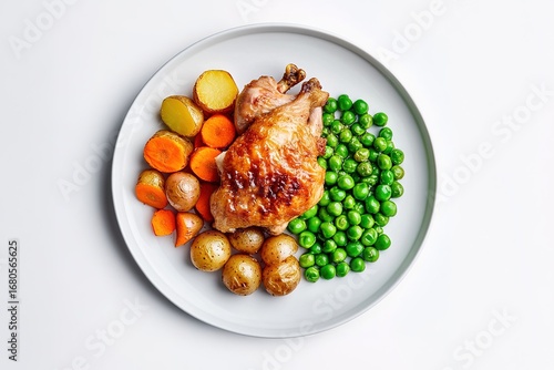 A perfectly plated roast chicken with crispy golden skin, accompanied by roasted potatoes, caramelized carrots, and vibrant green peas, served on a white circular plate, isolated on a white background