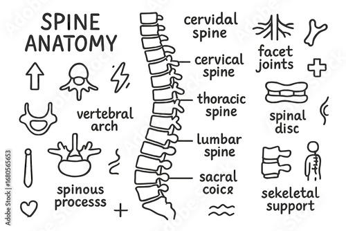 Spinal Anatomy Doodle. Hand-drawn doodle illustration spine anatomy vertebral column, cervical spine, thoracic spine, lumbar spine
