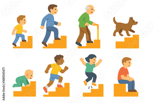 Stair Climbing Icons. Flat vector mini-illustrations stair climbing activities in colors children's illustrations: child climbing