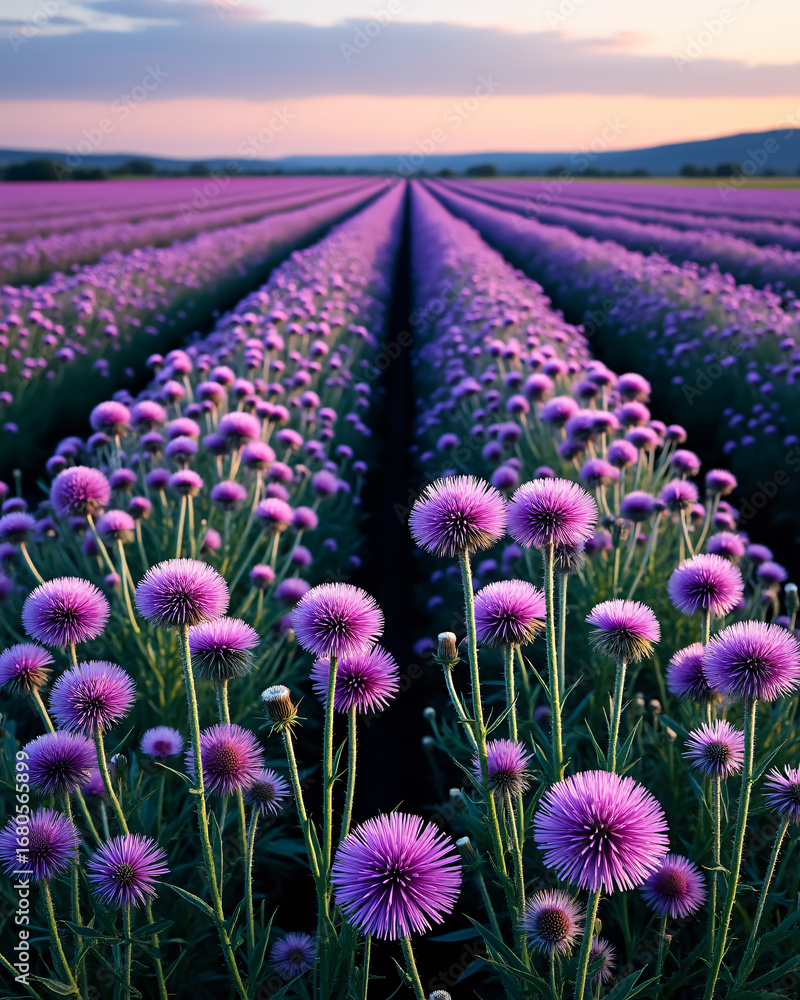Fototapeta premium Vibrant Lavender Fields at Dusk with Colorful Flowers and Expansive Horizons