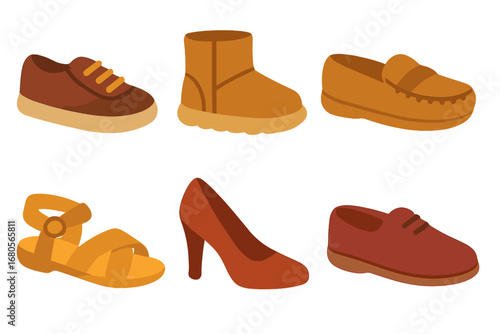 Suede Shoe Collection. Flat vector mini-illustrations suede shoe styles in colors children's illustrations: suede sneaker, suede