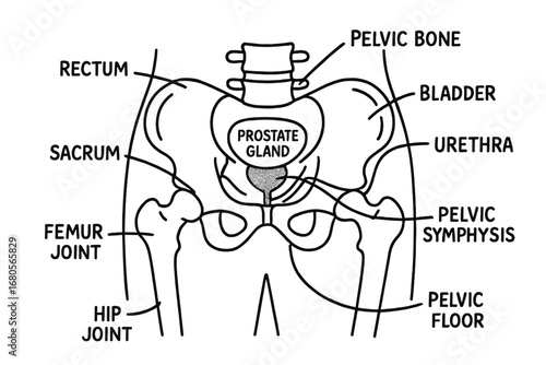 Male Pelvis Anatomy Doodle. Hand-drawn doodle illustration male pelvis prostate gland, narrower pelvis, pelvic bone, bladder,