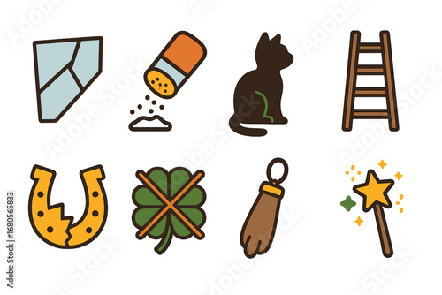 Superstition Icons Grid. Flat vector mini-illustrations bad luck and superstitions objects in colors children's illustrations: