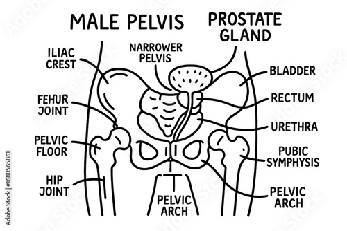 Male Pelvis Anatomy Doodle. Hand-drawn doodle illustration male pelvis prostate gland, narrower pelvis, pelvic bone, bladder,