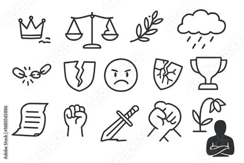 Symbols of Defeat. Hand-drawn doodle illustration indignity fallen crown, broken scales, cracked shield, wilted laurel, broken